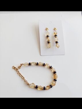 Gold and Navy Beaded Bracelet with Matching Earrings